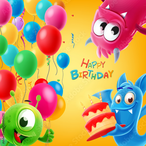 happy birthday illustration with cute monster