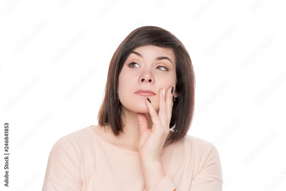 Close-up portrait of cute young woman with closed eyes dreaming about vacation. isolated on white Close-up portrait of cute young woman with closed eyes dreaming about vacation. isolated on white