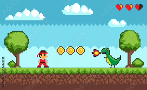 Duel between man and dragon with fire form the mouth near coins and hearts. Old style pixel scree of game on outdoor with trees and cloudy sky vector