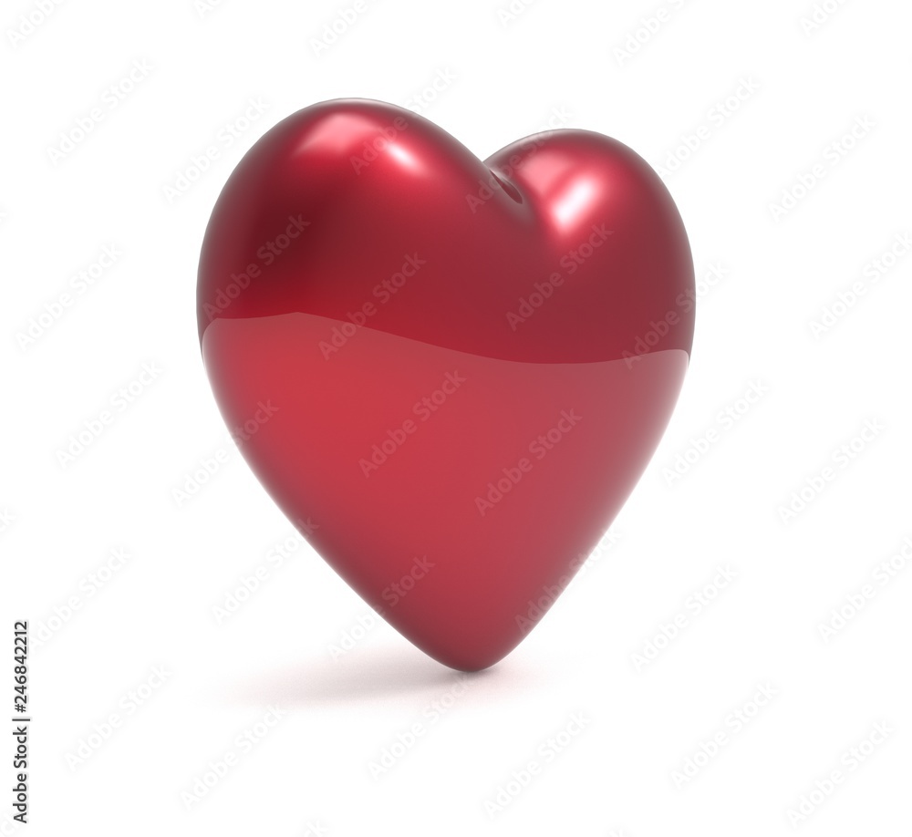 Red metal paint heart on white background with shadows. 3D render