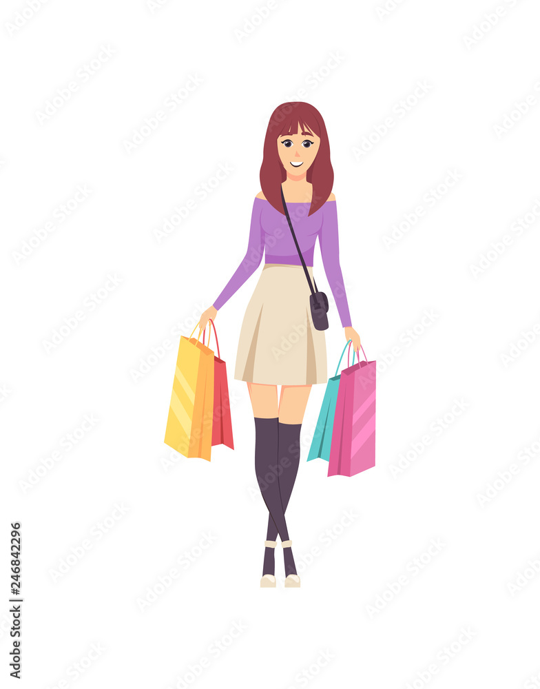 Female lady walking with bags and handbag on shoulder vector. Shopper with bought items, happy woman shopping day and purchases placed in containers Female lady walking with bags and handbag on shoulder vector. Shopper with bought items, happy woman shopping day and purchases placed in containers