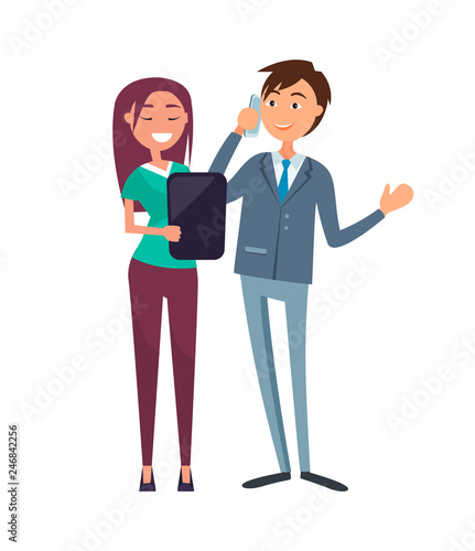Coworkers in formal wear, lady manager with clipboard in hand, man speaking on phone. Colleagues male and female business cartoon workers isolated on white