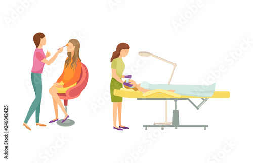 Spa salon visagiste makeup and cosmetician service. Isolated icons set of specialist and clients vector. Procedures on face skin, visage care service