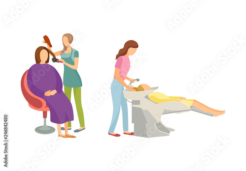 Spa procedure for hair in beauty salon cartoon set isolated vector people hairdresser and client. Haircutter r in uniform takes care of custumers on workplace