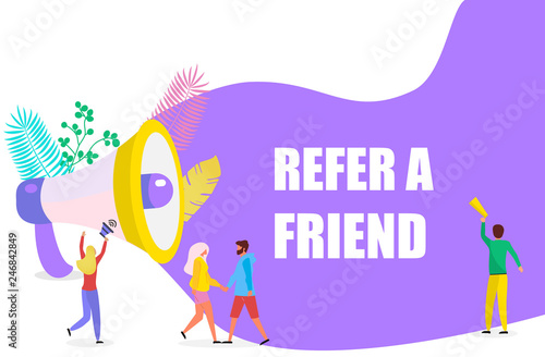 Small people shout on megaphone with Refer a friend word concept vector, with character hand shake, it can be used for landing page, template, ui, web, mobile app, poster, banner, flyer