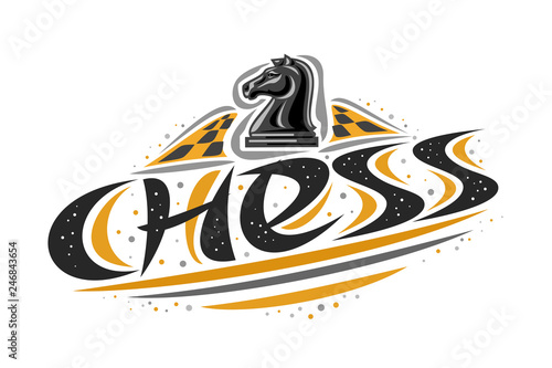 Vector logo for Chess game, creative illustration of knight chess piece on chessboard, original decorative brush typeface for word chess, abstract simplistic sports banner with lines and dots on white