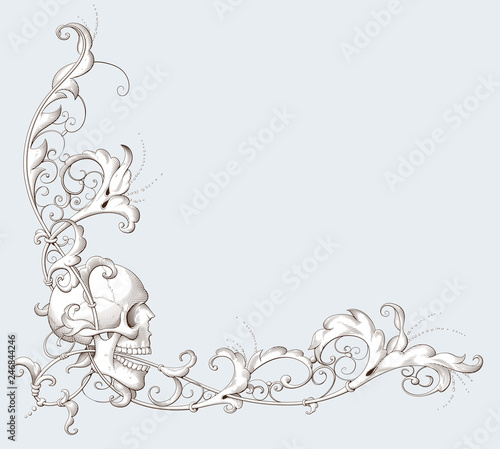 Vintage decorative element engraving with Baroque ornament and skull