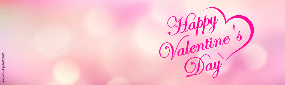 Happy Valentines Day web card, banner. Beautiful lettering calligraphy pink text with heart typography poster. Calligraphy inscription boke blurred pink background. Vector illustration.