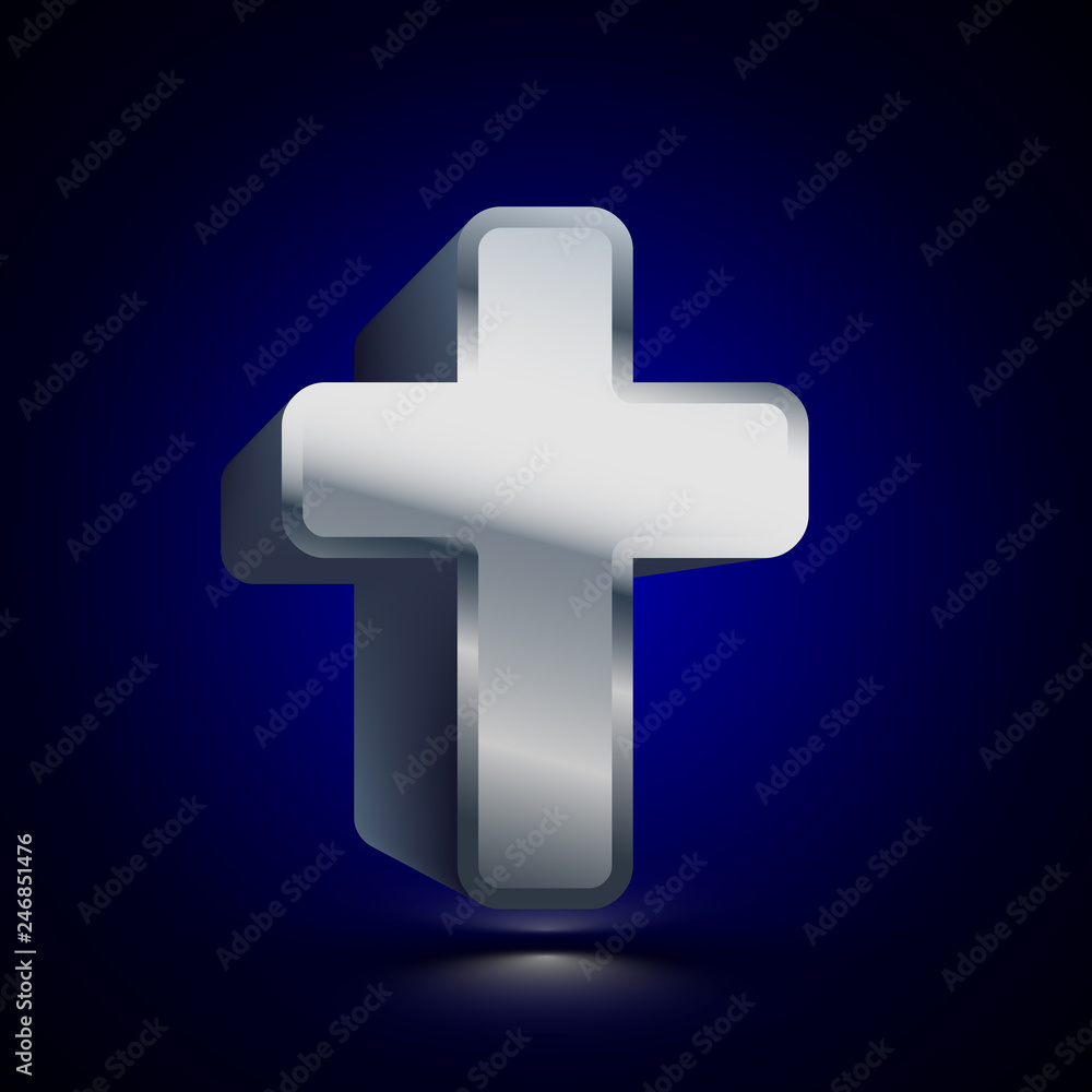 Obraz premium 3D stylized Cross icon. Silver vector icon. Isolated symbol illustration on dark background.