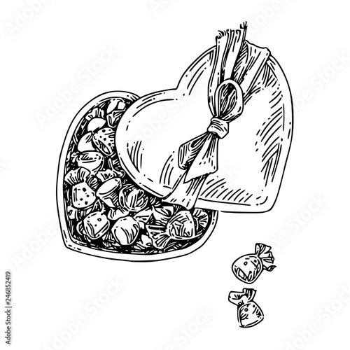 Candy wrappers are in  heart-shaped box. Sketch. Engraving style. Vector illustration.