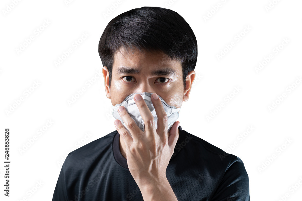Protective mask on Asian man face, isolated white background with clipping path Protective mask on Asian man face, isolated white background with clipping path