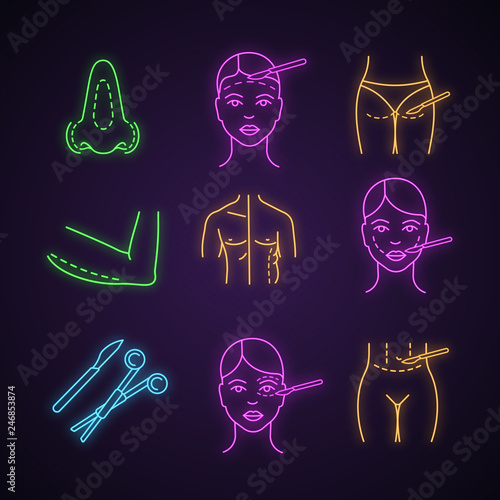 Plastic surgery neon light icons set
