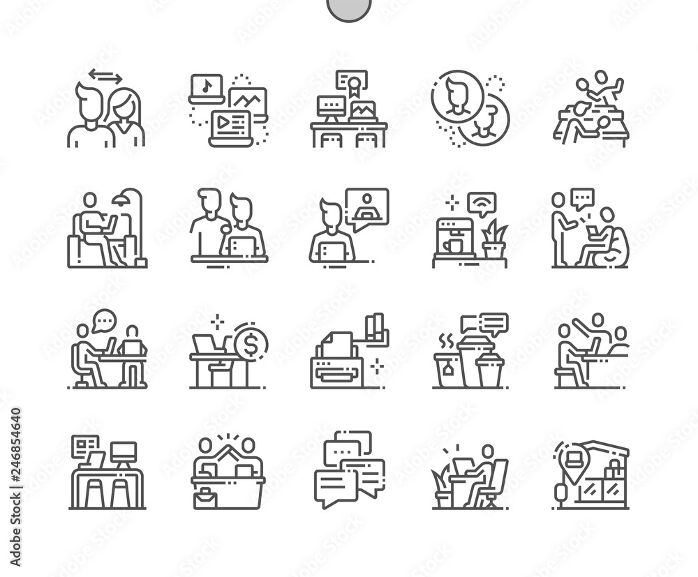 Coworking Well-crafted Pixel Perfect Vector Thin Line Icons 30 2x Grid for Web Graphics and Apps. Simple Minimal Pictogram