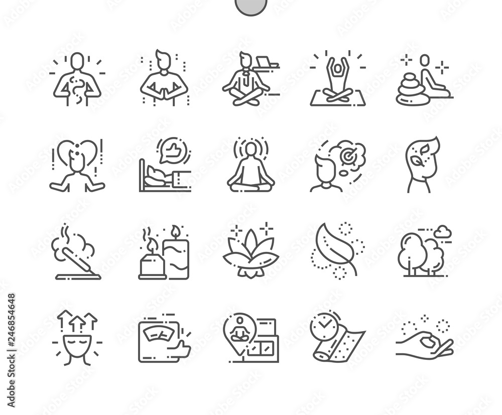Meditation and spiritual practices Well-crafted Pixel Perfect Vector Thin Line Icons 30 2x Grid for Web Graphics and Apps. Simple Minimal Pictogram