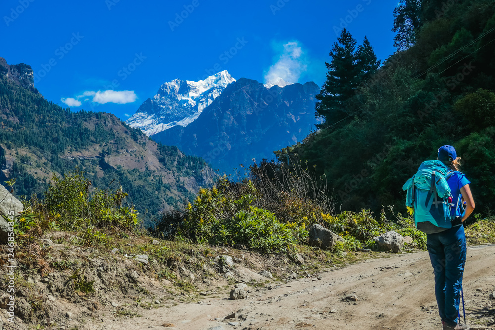 Trekking girl with a big blue backpack admires Manaslu, Annapurna Circuit Trek, Nepal. Forest to the right. To the left another Mountain. Manaslu covered with snow. Flowers next to the trekking trail.