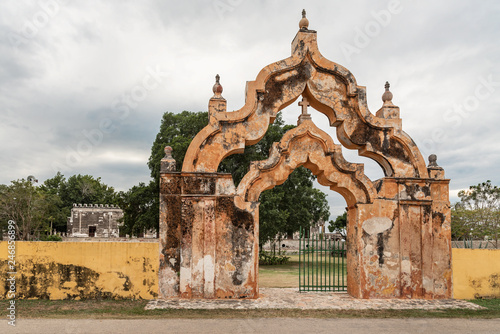 Main entrance of the abandoned Hacienda Yaxcopoil near Merida, Mexico. This site was once a hemp or henequen rope factory using natural fibers photo