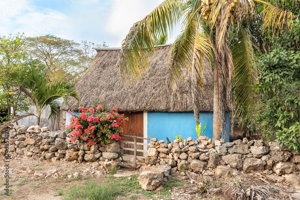 Traditional Mayan palm rooftop house in Yucatan, Mexico. This is the