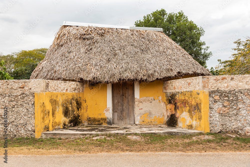 Traditional Mayan palm rooftop house in Yucatan, Mexico. This is the