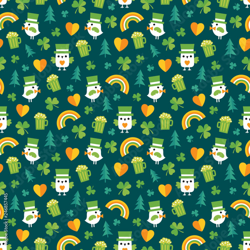 Cute seamless vector background for Saint Patrick's Day with leprechaun owls and birds, irish shamrocks and rainbows. For kids, greeting cards or web banners, textiles or gift wrapping paper.