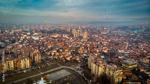 Aerial view of sunset in a city in winter. Kragujevac in Serbia.