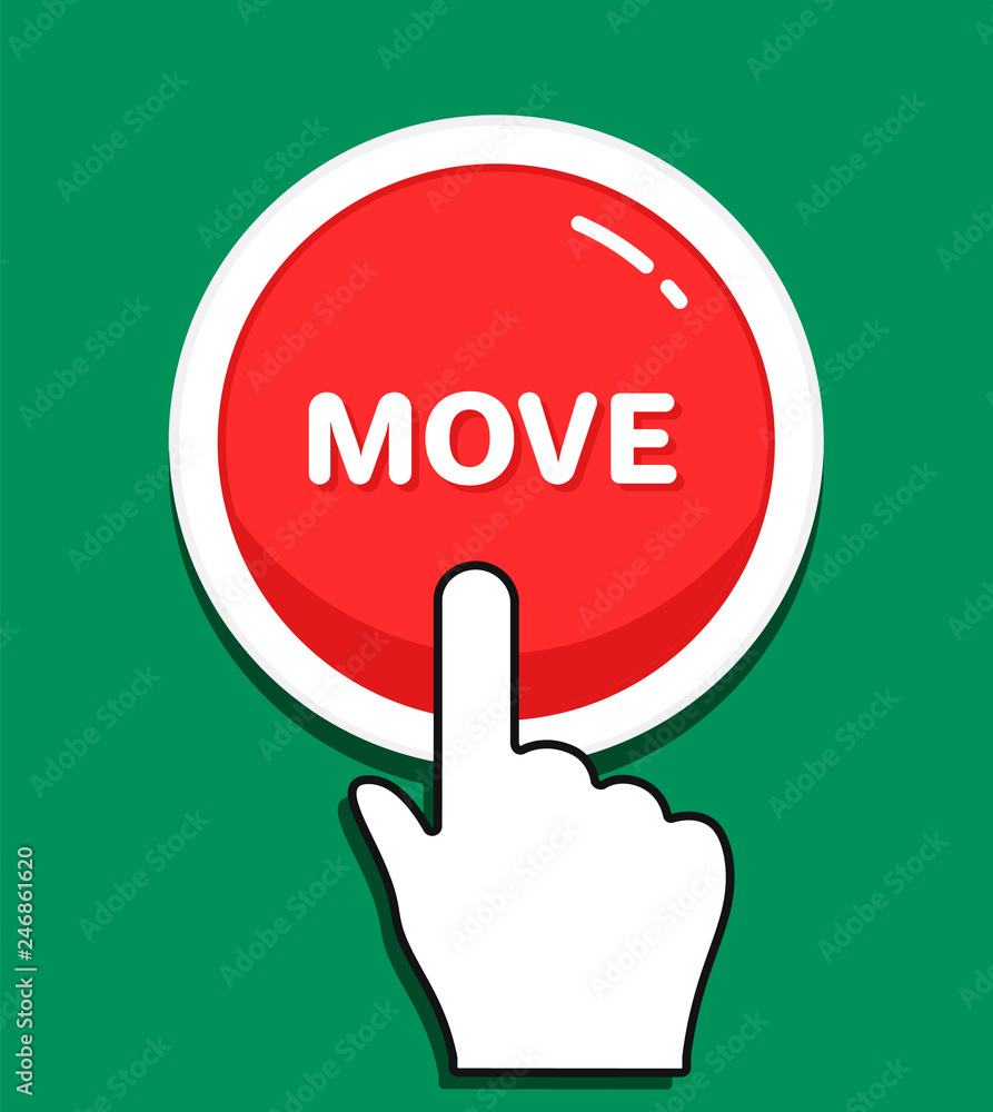 Hand mouse cursor clicks the round Move button. Hand icon pointer. Illustration for graphic and web design. Vector Push Button Concept Hand mouse cursor clicks the round Move button. Hand icon pointer. Illustration for graphic and web design. Vector Push Button Concept