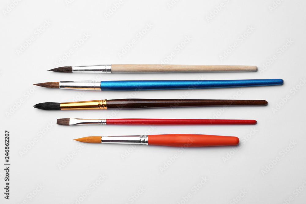 Different paint brushes on white background, top view Different paint brushes on white background, top view
