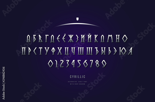 Silver colored and metal chrome geometric serif font