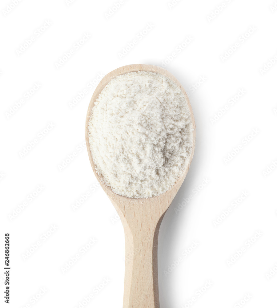 Spoon of wheat flour isolated on white, top view Spoon of wheat flour isolated on white, top view