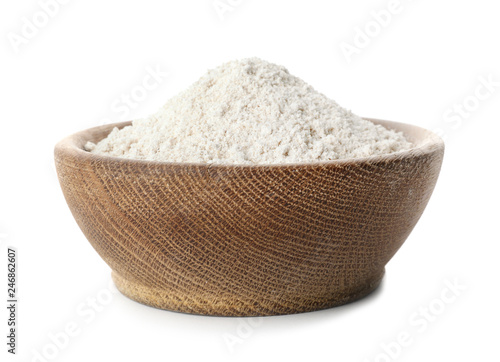 Bowl of oat flour isolated on white