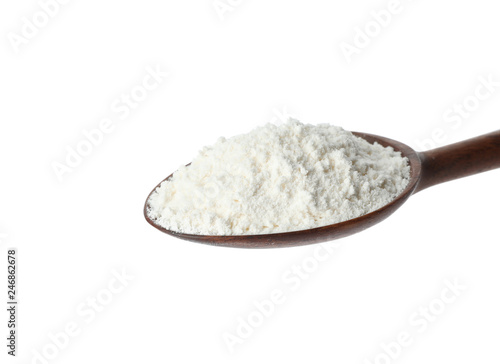 Spoon of wheat flour isolated on white