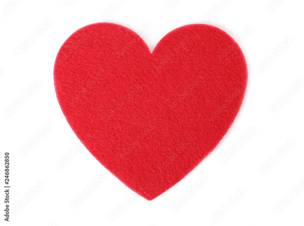 Red felt heart on white background, top view