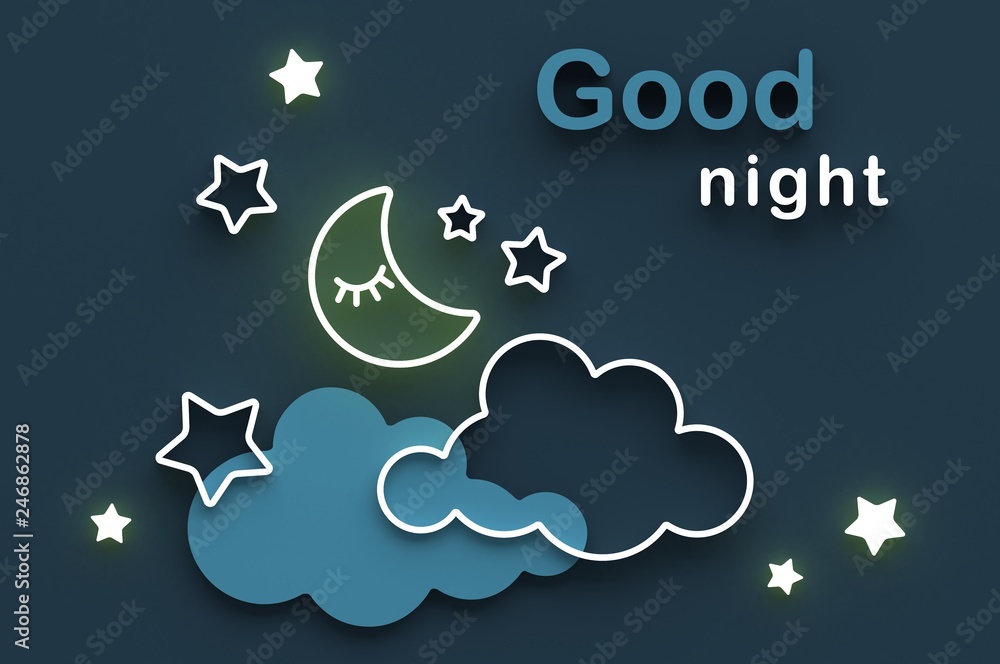 Cartoon sleeping moon, clouds and stars in the night sky. Wishing good night  and sweet dreams. Greeting card with copy space. 3D render. Stock  Illustration | Adobe Stock
