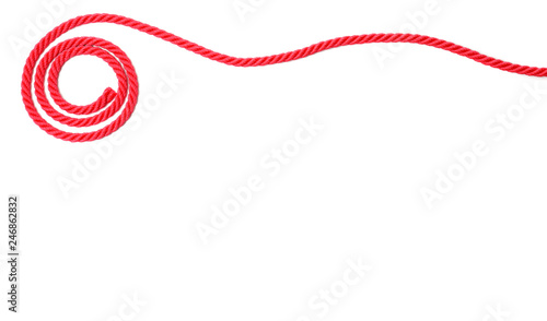 Spiral made of red rope on white background, top view with space for text