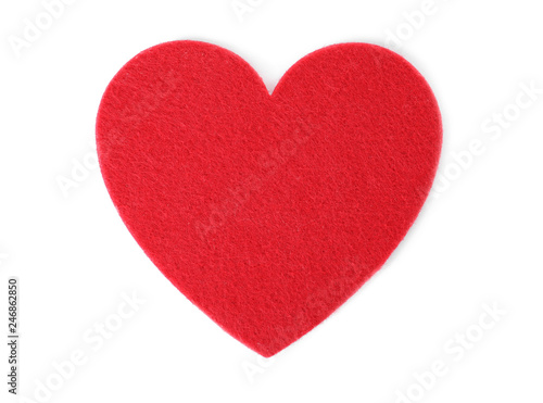 Bild auf Leinwand Red felt heart on white background, top view