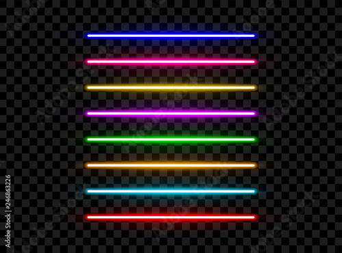 Realistic led neon tube light pack isolated on dark transparent background. Vector illustration