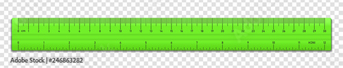 Realistic plastic green tape ruler isolated on transparent background. Double sided measurement in cm and inches. Vector illustration