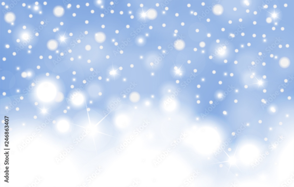 Winter blue glowing background of falling snow with clouds. Christmas and New Year card design. Vector illustration