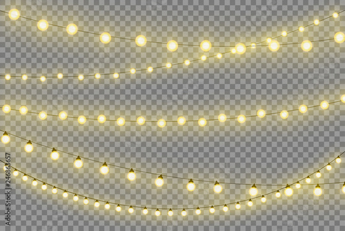 Realistic yellow Christmas lights isolated. Glowing led neon lights and lamps for Xmas and New year cards, banners, posters etc. Garlands design elements and decorations. Vector illustration