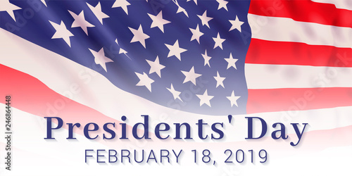 Vector banner design template for Presidents' Day with realistic american flag and text.