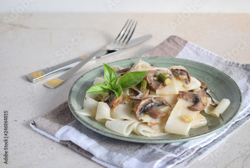 Pasta fetuchini from radish radish with mushrooms and basil. Italian AIP breakfast, dinner or lunch. Autoimmune Paleo. Diet healthy food concept. Cereals Gluten Dairy free. Copy space.