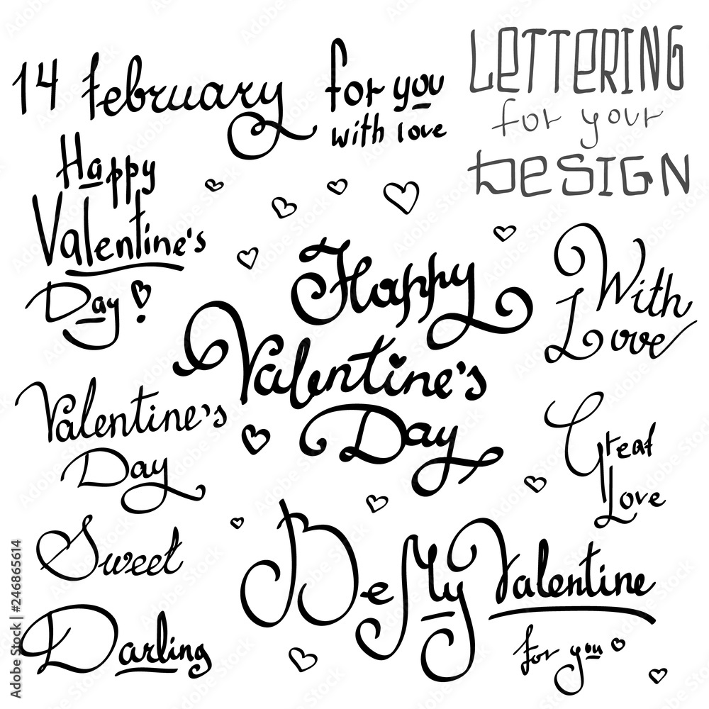 Cute Lettering Valentines Day Hand Drawing Vector Lettering Design. Black Label Happy Valentine's Day For You on White Background with Doodle Hearts. Cute Lettering Valentines Day Hand Drawing Vector Lettering Design. Black Label Happy Valentine's Day For You on White Background with Doodle Hearts.