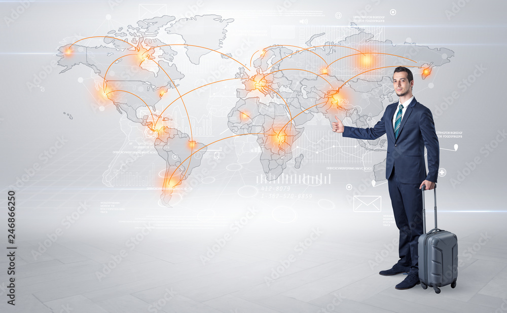 Businessman in dark suit hitchhike to business trip in a front of a map with destination Businessman in dark suit hitchhike to business trip in a front of a map with destination