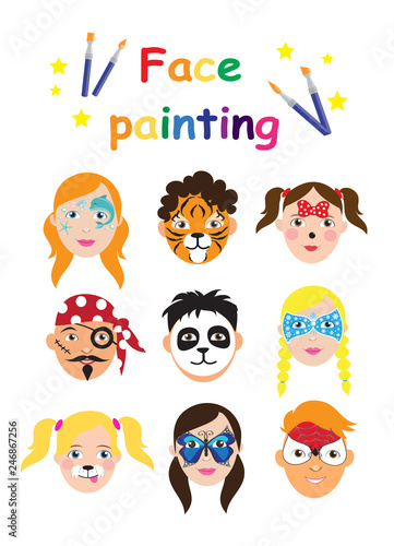 Face painting for kids collection. set of icons in cartoon flat style for banner, poster. children's holiday background. Vector illustration
