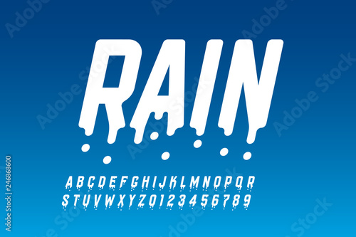 Rainy font design, modern alphabet letters and numbers