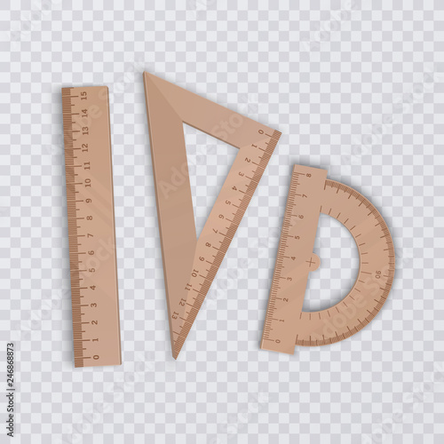 Set of wooden lines on a transparent background, Ruler, Triangle Ruler, Protractor, school supplies. Vector Illustration