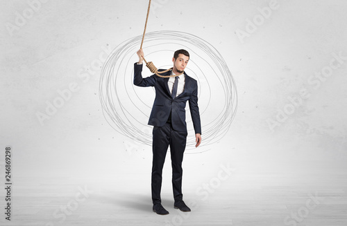 Burnout young elegant businessman trying to suicide with doodle concept
 photo