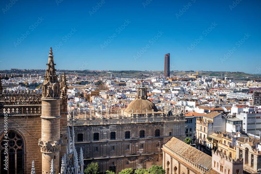 View of Seville city from the Giralda Cathedral tower, Seville (Sevilla), Andalusia, Southern Spain.
