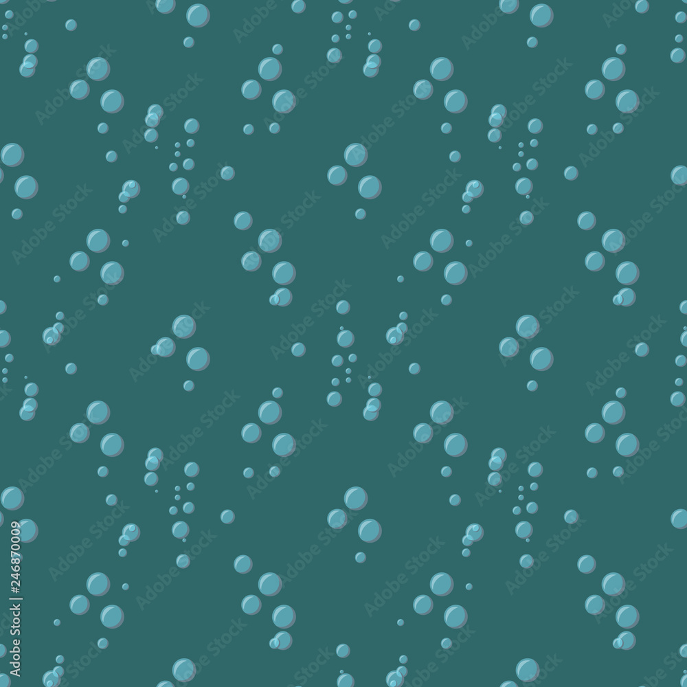 Bubbles in water on blue background horizontal seamless pattern. Circle and liquid, light design, vector illustration