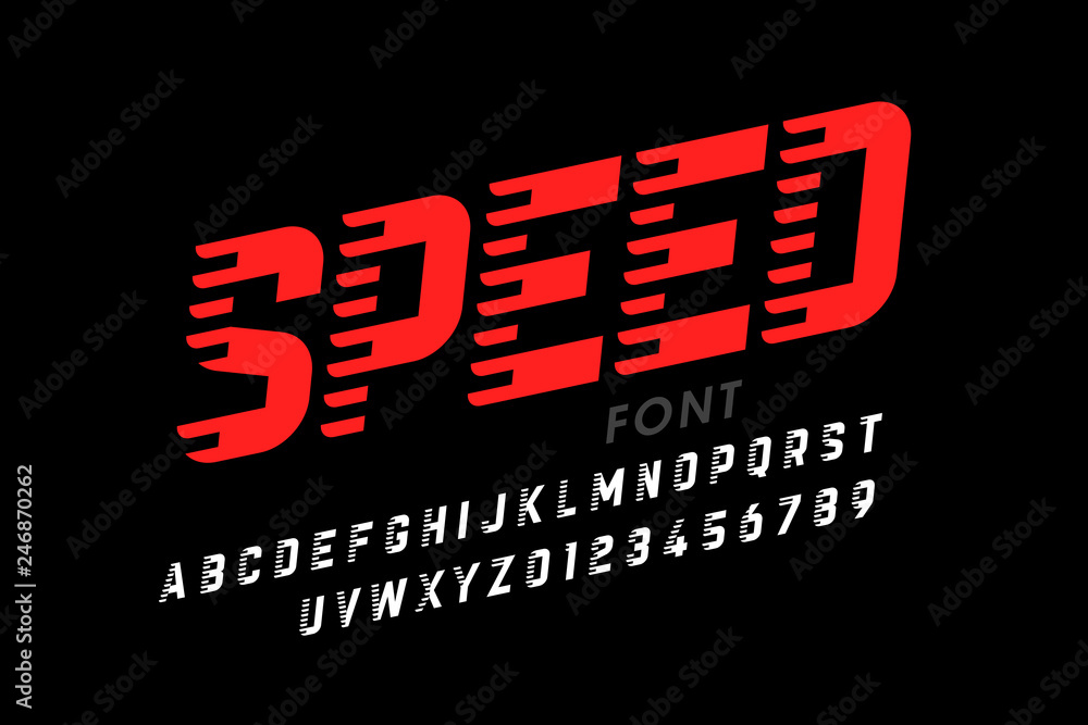 Speed style modern font, alphabet letters and numbers Speed style modern font, alphabet letters and numbers