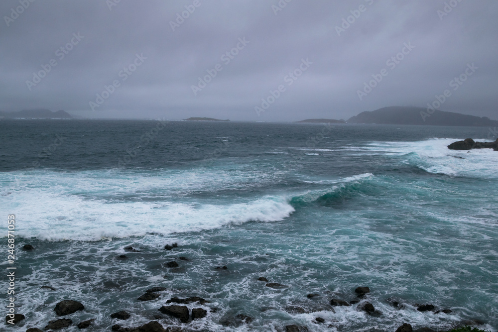 storm in the sea seen from the coast in baiona, galicia